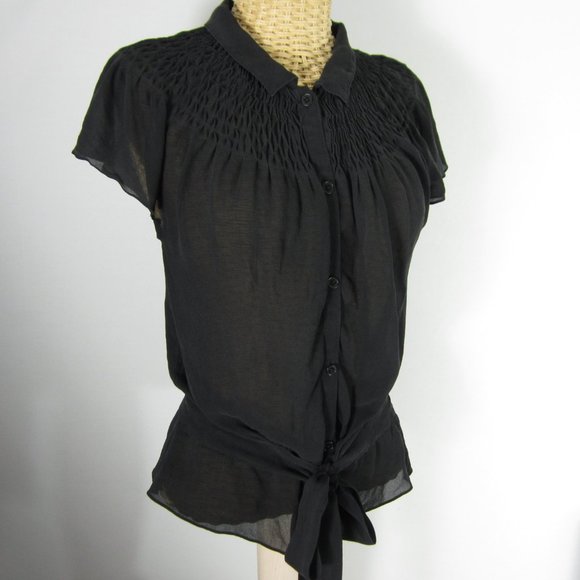 DKNY Black Silk Smocked Cap Sleeve Blouse Ties M - Picture 1 of 8